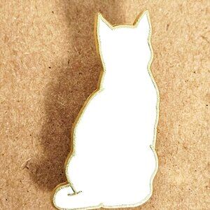 White Cat Silhouette Enamel Lapel Pin, Gold Frame, Cute Cat Lover Jacket Hat Pin